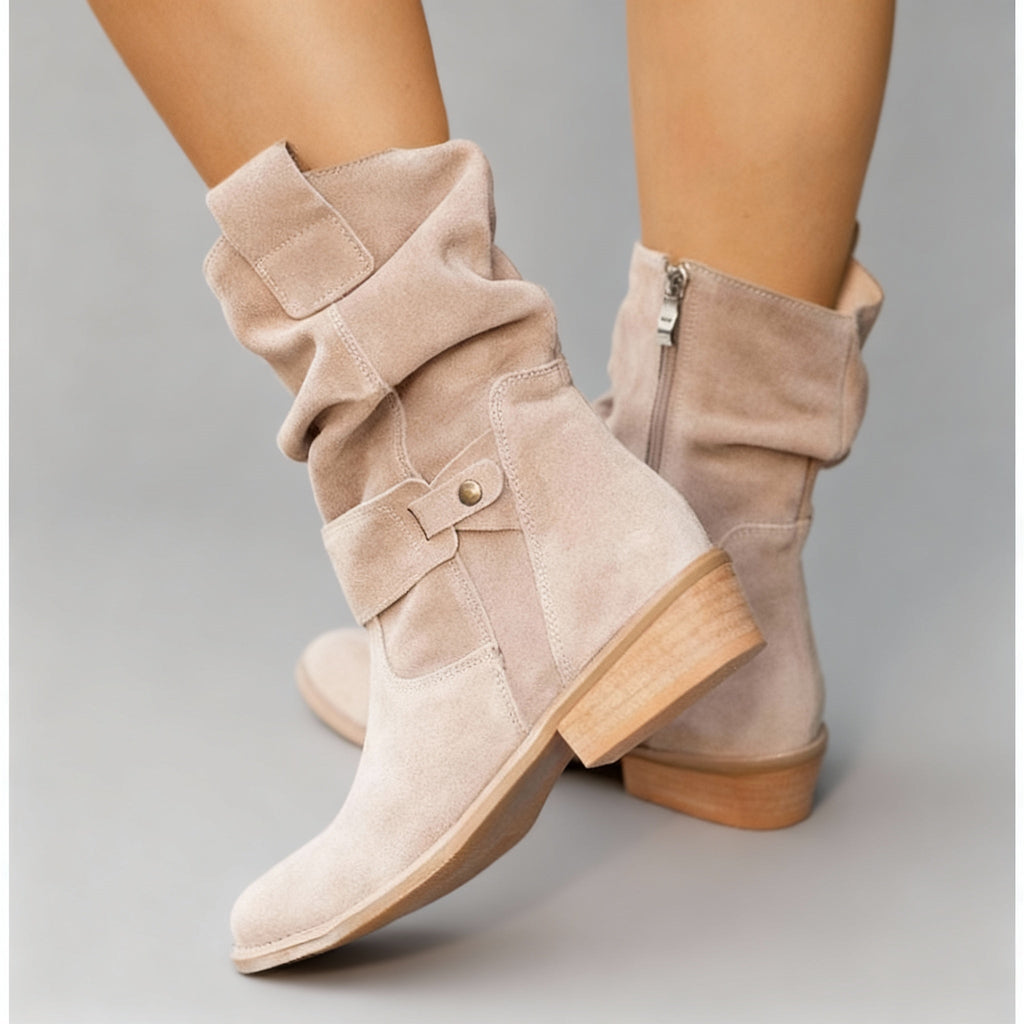 Women's Side-Zip Slouch-Fold Mid-Calf Boots - Suede Beige
