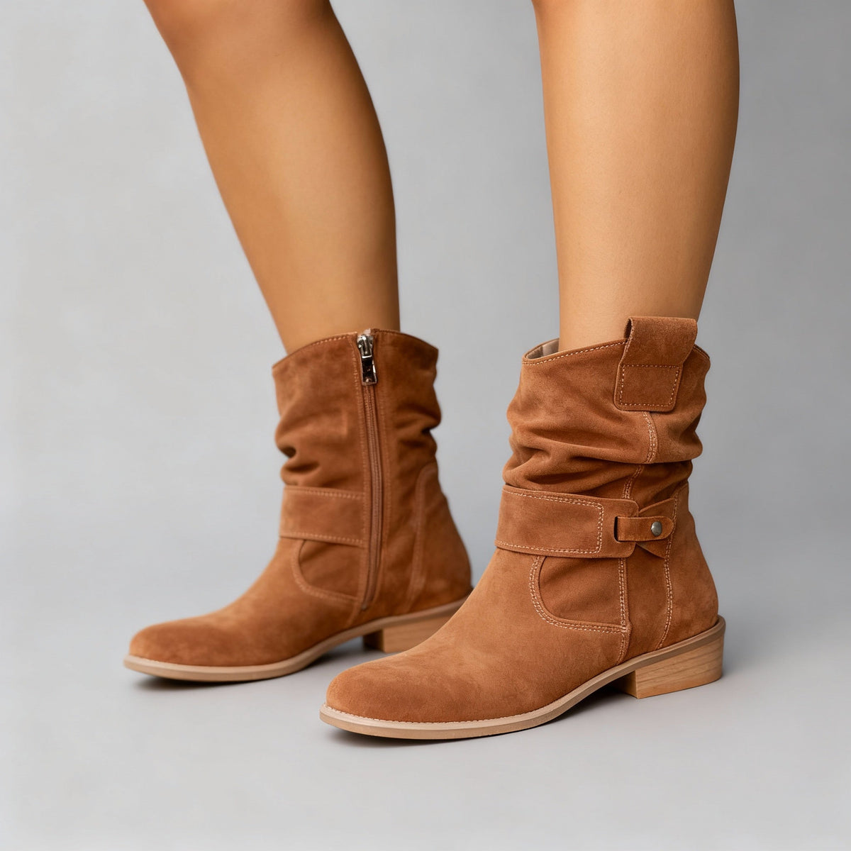 Women's Side-Zip Slouch-Fold Mid-Calf Boots - Texan Brown
