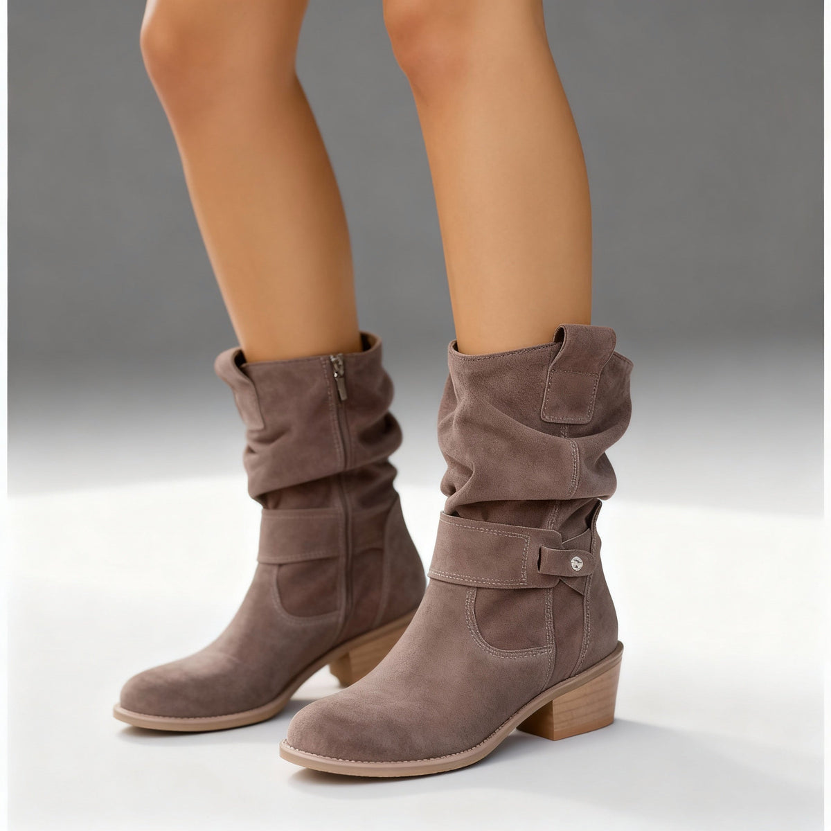 Women's Side-Zip Slouch-Fold Mid-Calf Boots - Alabaster Beige
