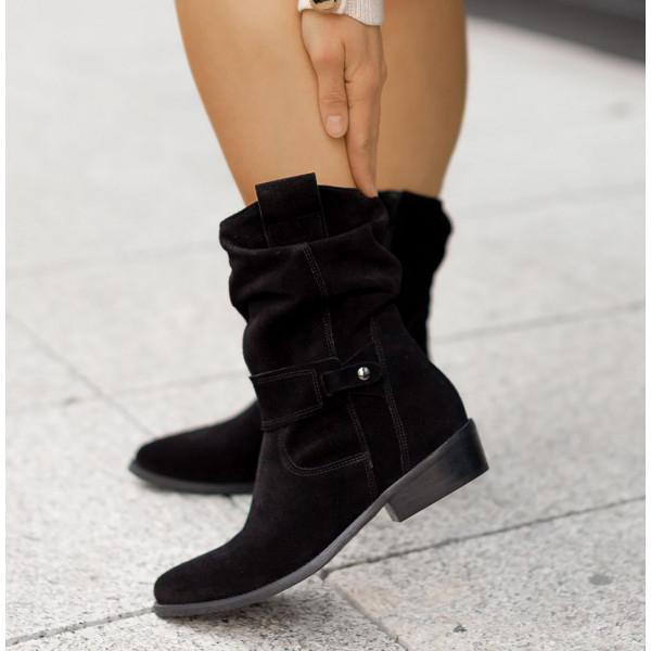 Women's Side-Zip Slouch-Fold Mid-Calf Boots - Manhattan Black