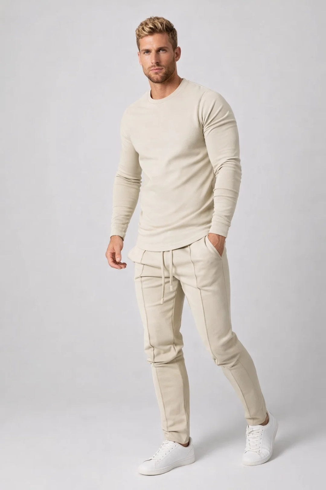Men's Slim Fit Tapered Two Piece Tracksuit Set - Beige