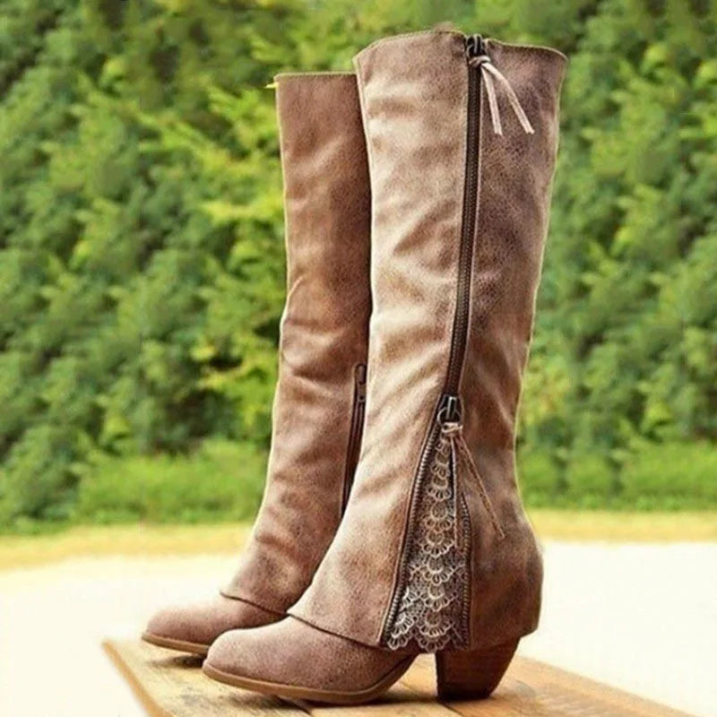 Women's Knee-High Boots with Block Heel and Side Zip - Brown