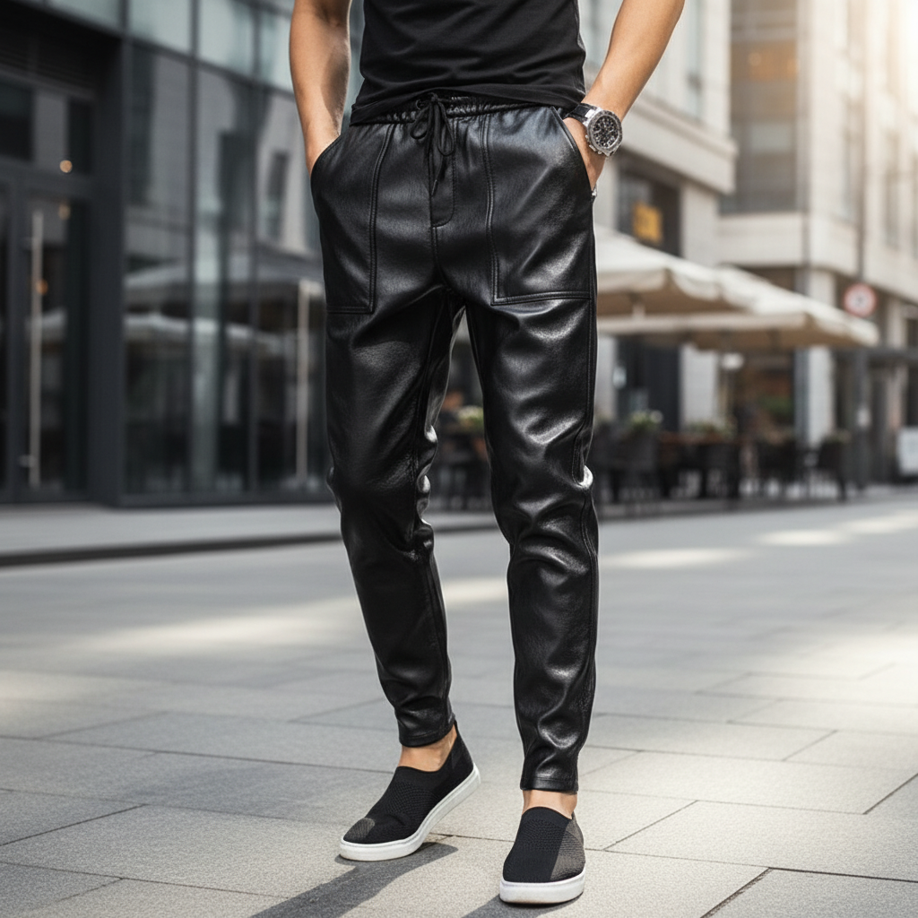Men's Faux Leather Drawstring Trousers