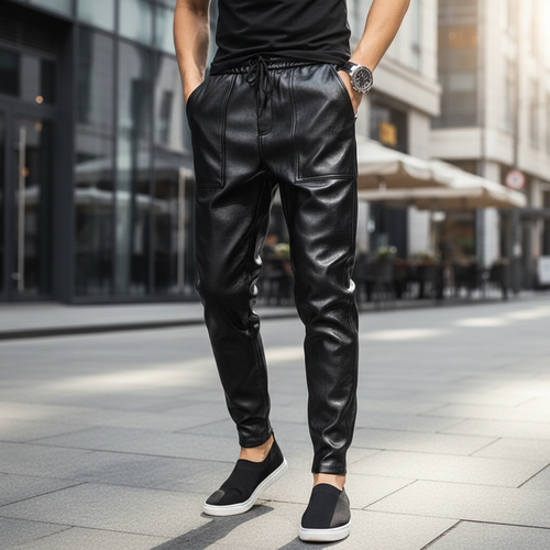 Men's Faux Leather Drawstring Trousers