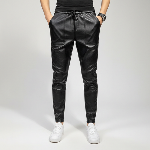 Men's Faux Leather Drawstring Trousers - Black
