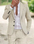 Men's Two Piece Wedding Linen Suit Tailored Two Button - Beige