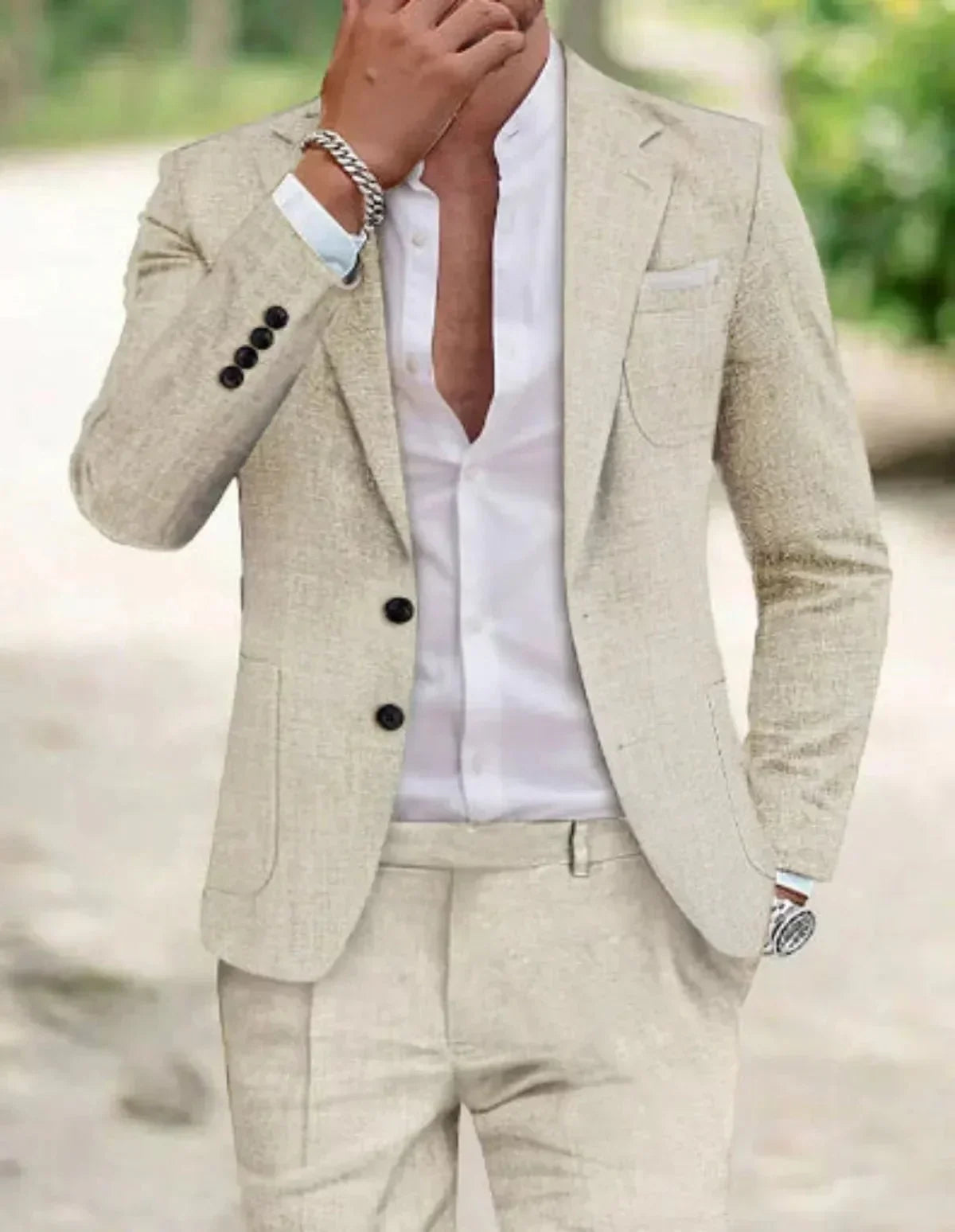 Men's Two Piece Wedding Linen Suit Tailored Two Button - Beige