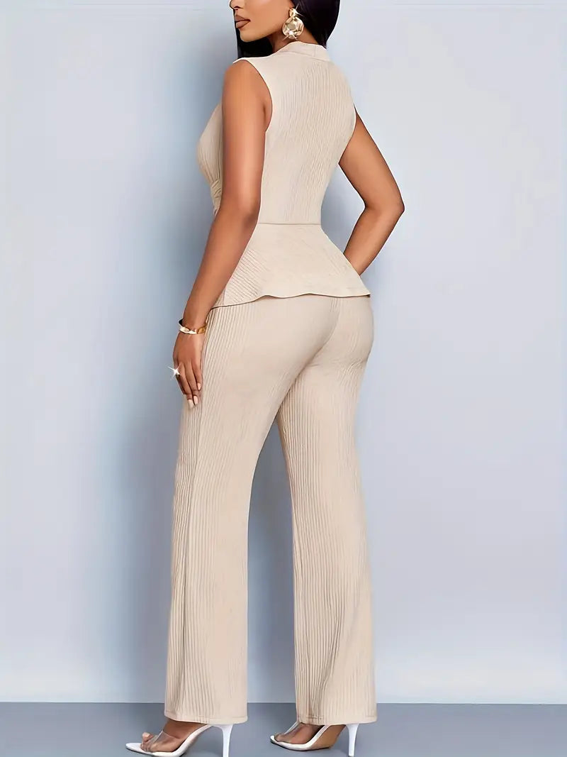 Women's Pleated Peplum Top and Flare Pants Set