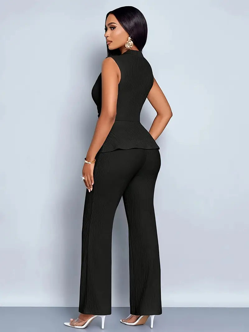 Women's Pleated Peplum Top and Flare Pants Set