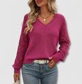 Women's V-Neck Open-Knit Sweater - Hot Pink