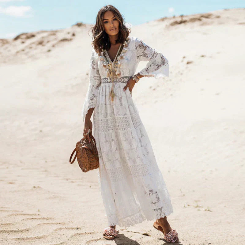 Women's Boho Lace V-Neck Maxi Dress