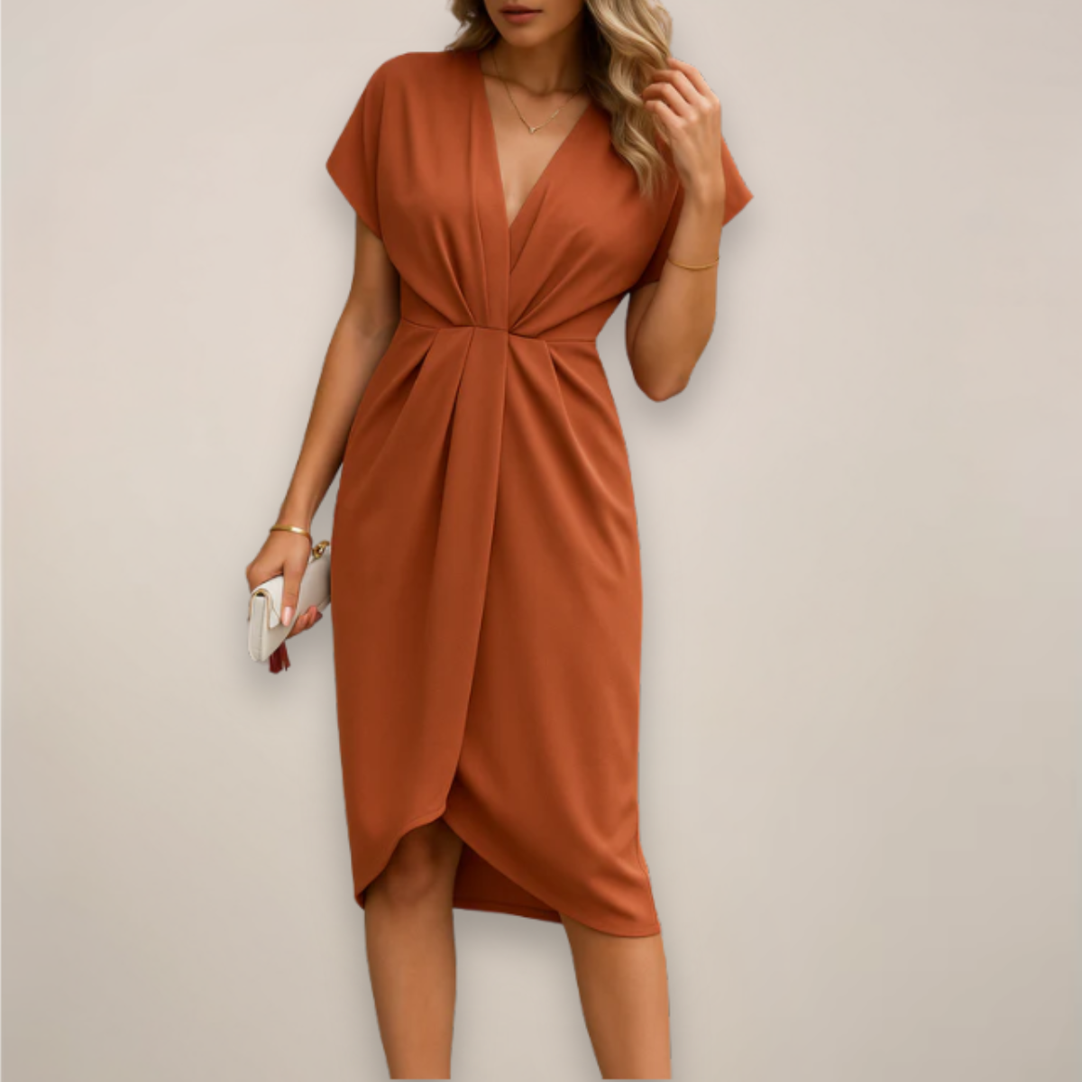 Women's Short Sleeve V-Neck Wrap Midi Dress