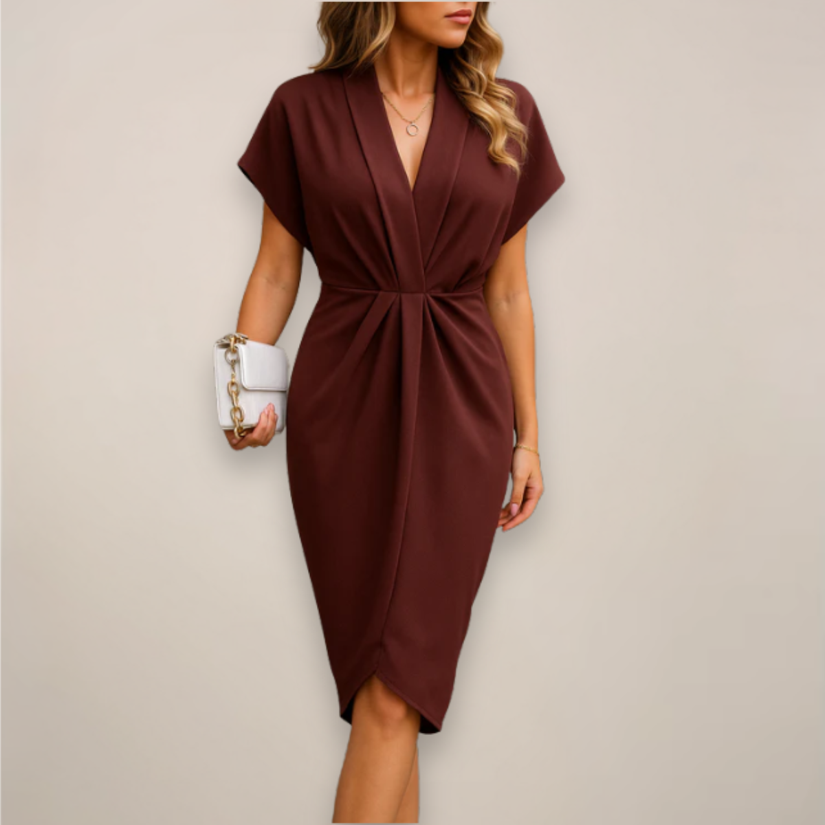 Women's Short Sleeve V-Neck Wrap Midi Dress