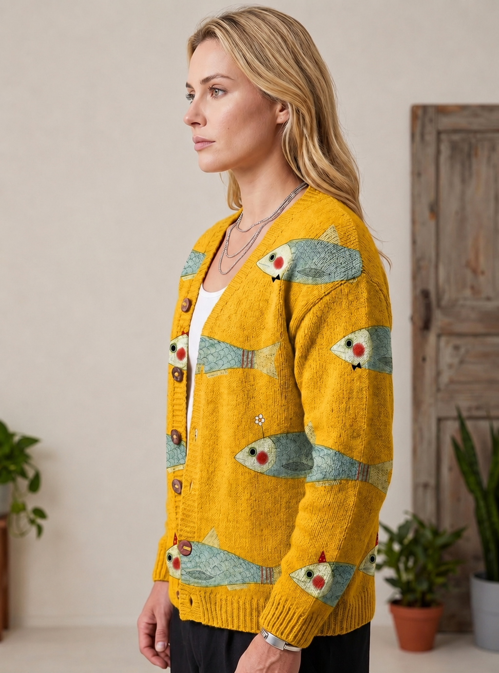 Women's Fish Print Button-Down Cardigan