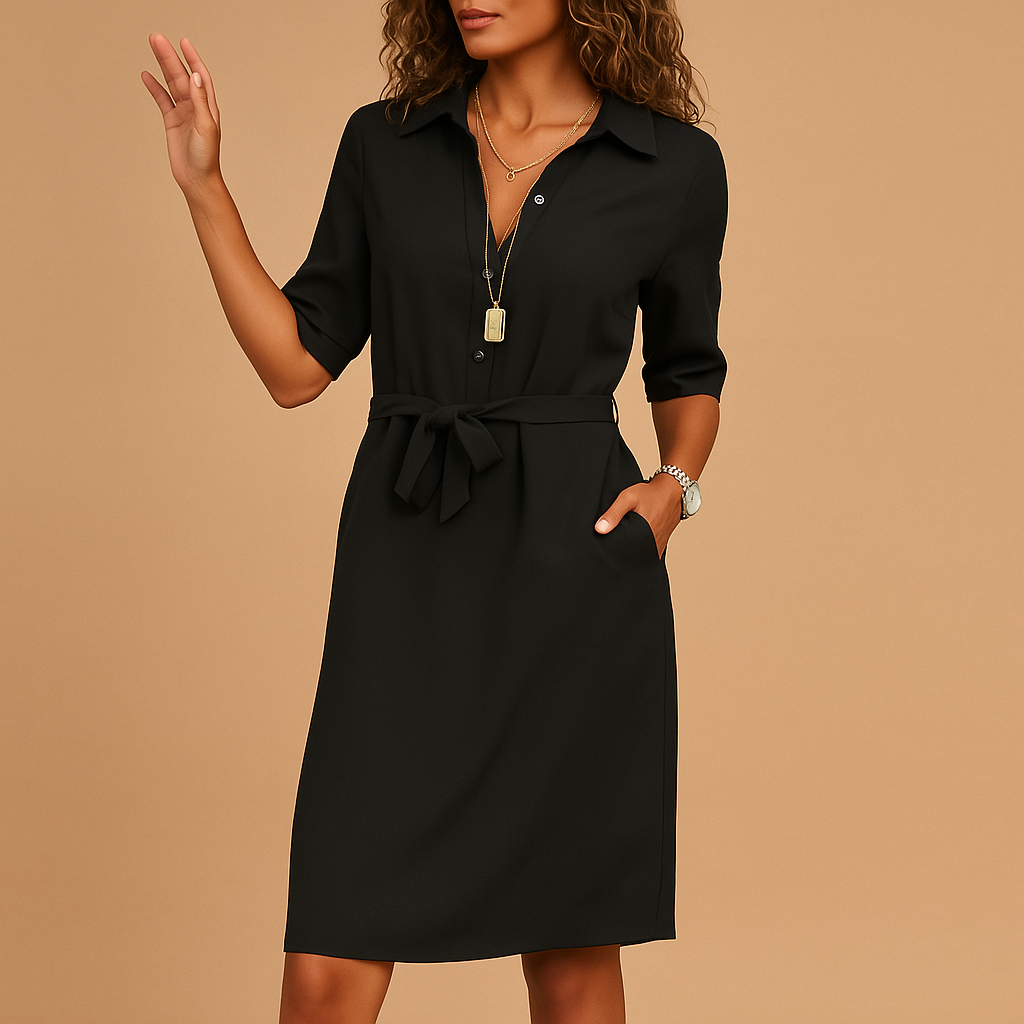 Women's Belted Pocketed Shirt Midi Dress