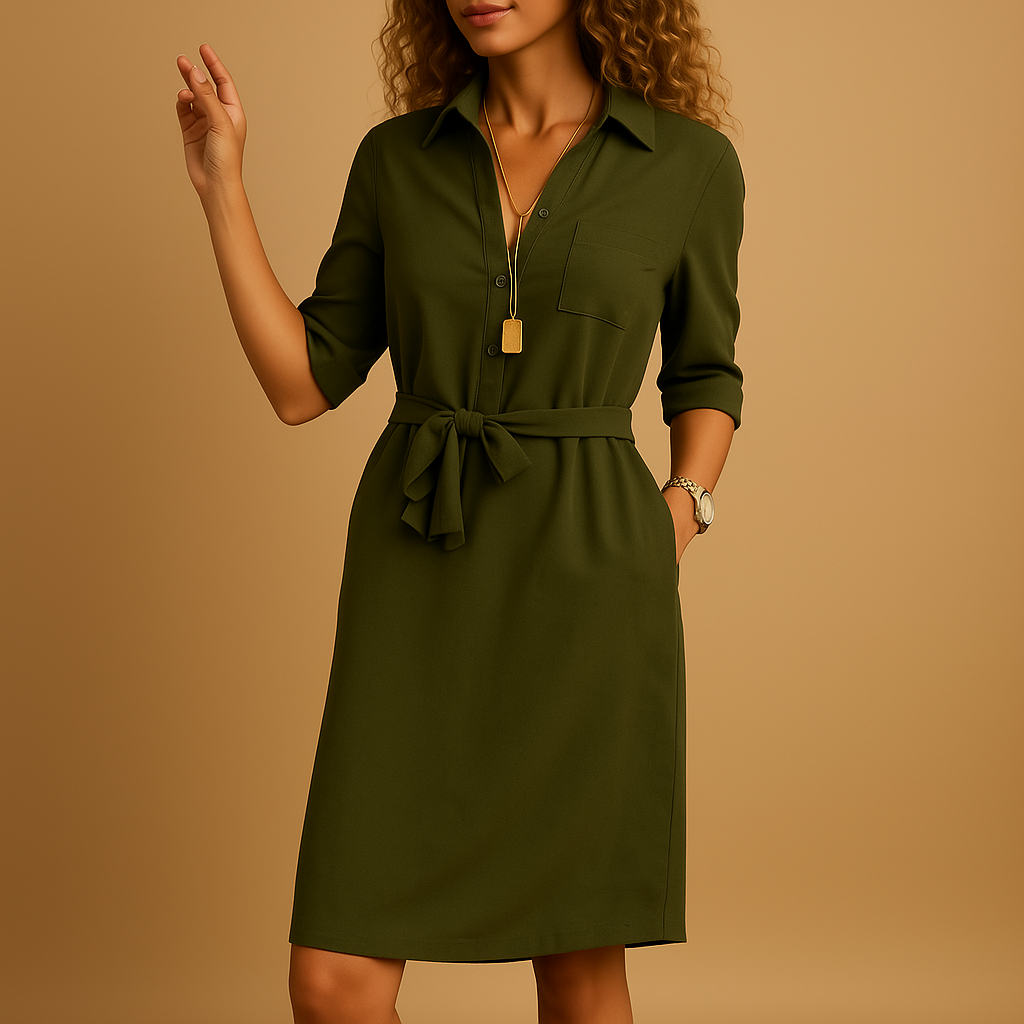Women's Belted Pocketed Shirt Midi Dress