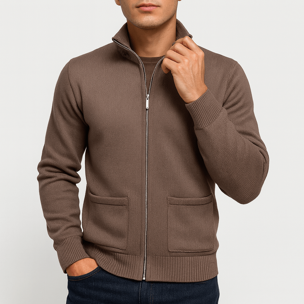 Men's Lightweight Cotton Zip Cardigan with Front Pockets - Brown