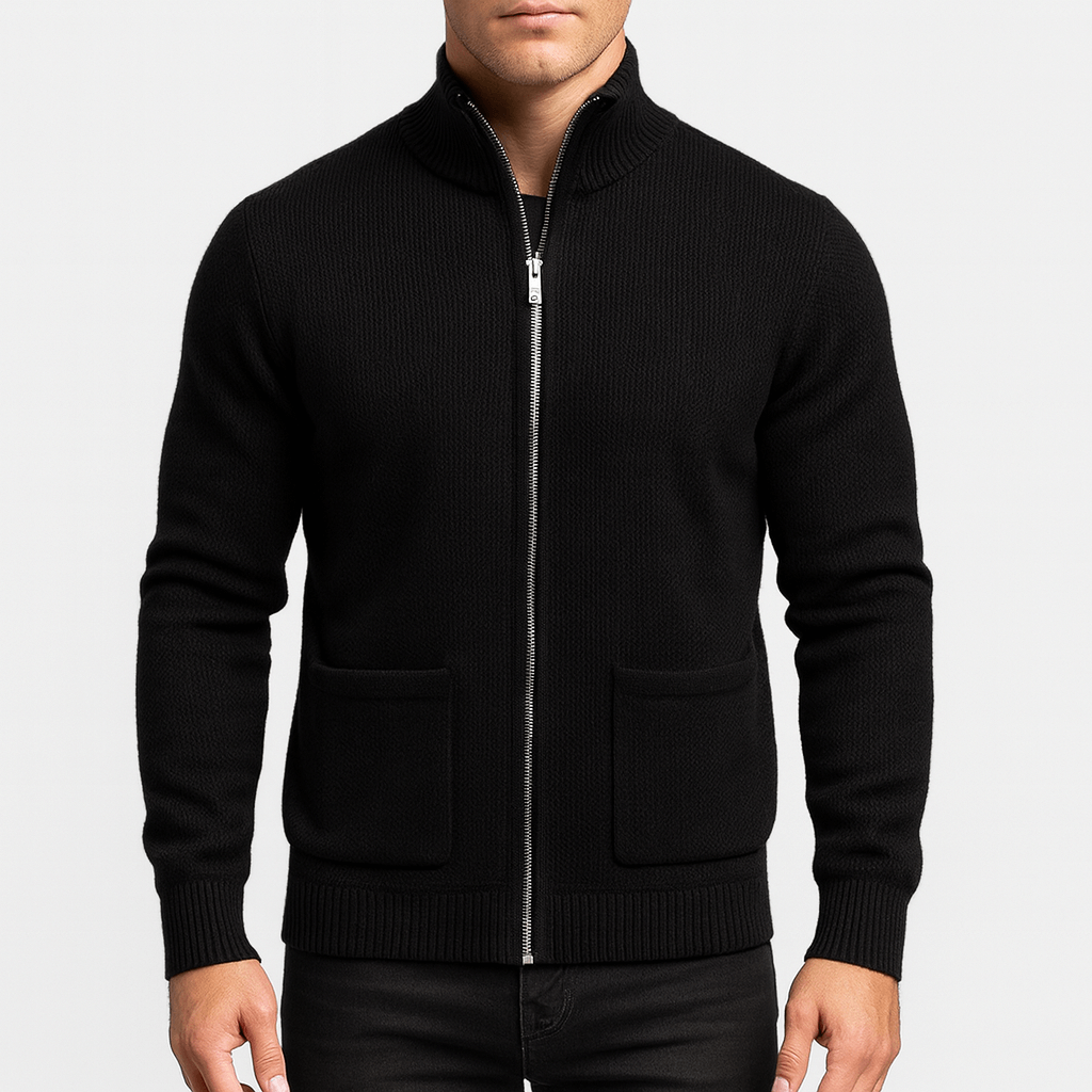 Men's Lightweight Cotton Zip Cardigan with Front Pockets - Black