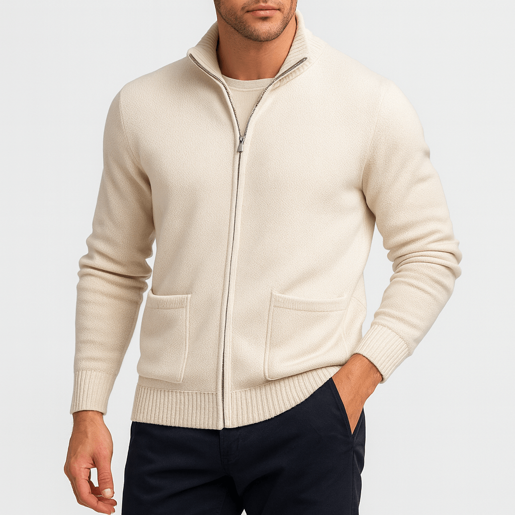 Men's Lightweight Cotton Zip Cardigan with Front Pockets - Cream