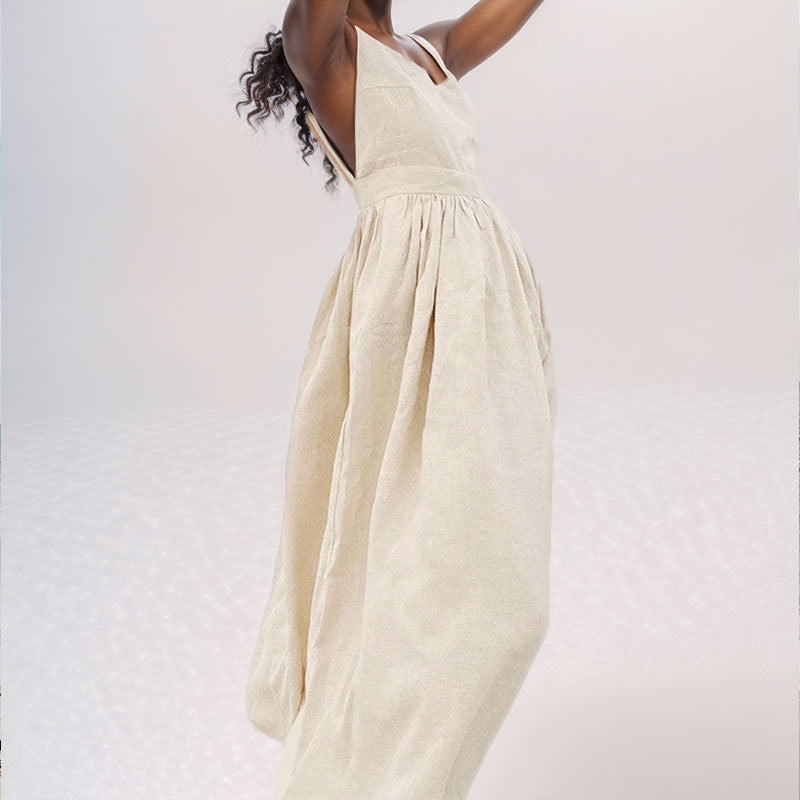 Women's V-Neck Open-Back Tie-Strap Midi Dress