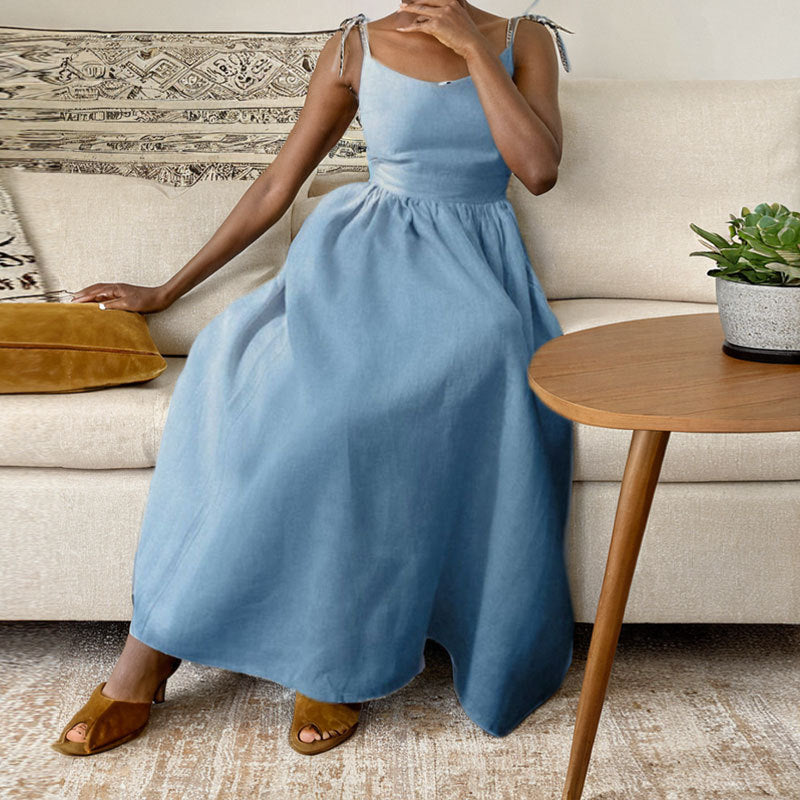 Women's V-Neck Open-Back Tie-Strap Midi Dress