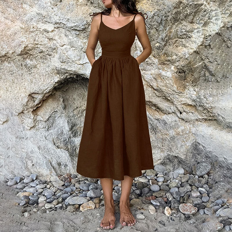Women's V-Neck Open-Back Tie-Strap Midi Dress