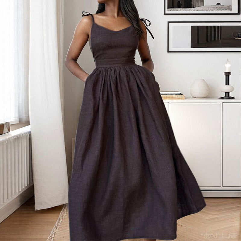 Women's V-Neck Open-Back Tie-Strap Midi Dress