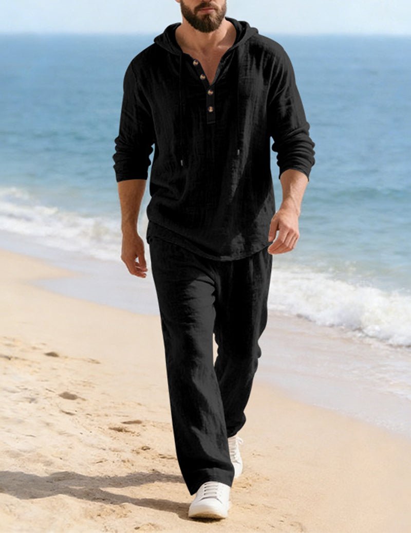 Men's Hooded Henley Lounge Set - Black