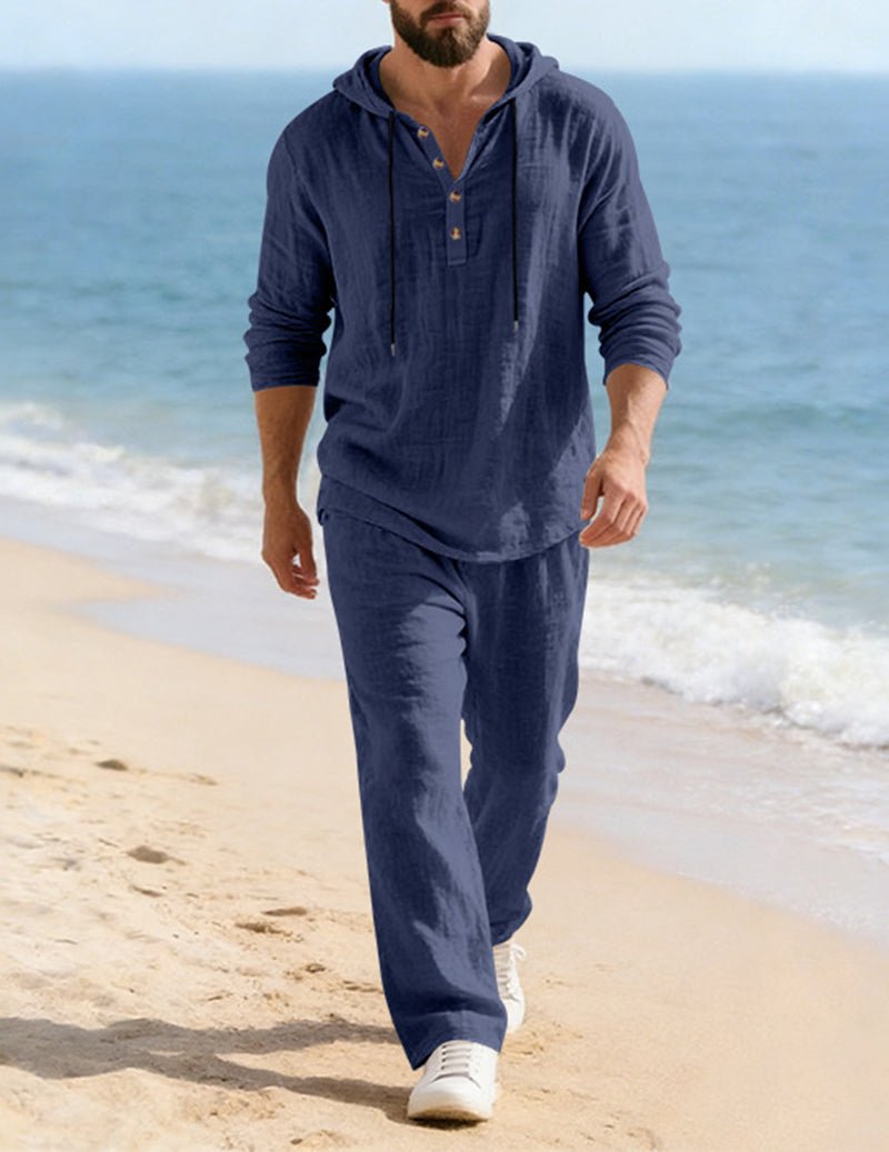 Men's Hooded Henley Lounge Set - Navy Blue