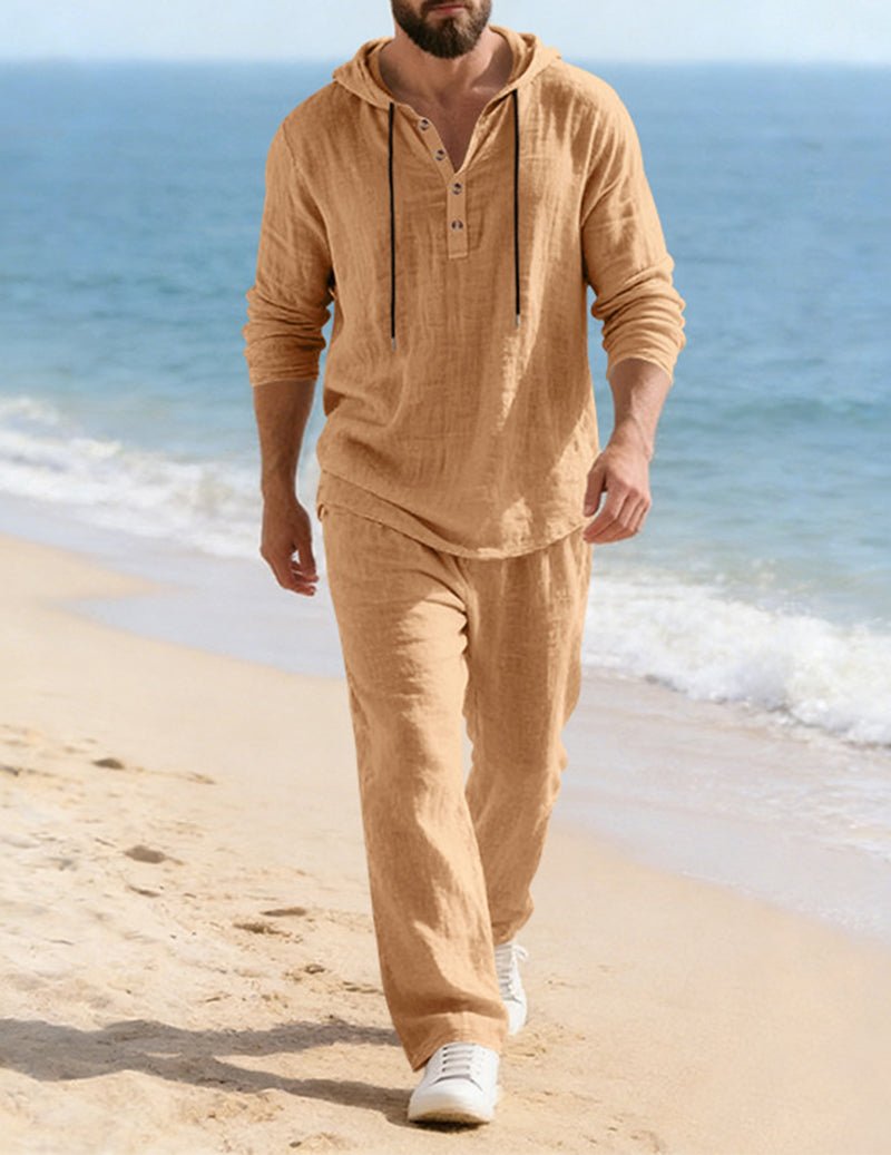 Men's Hooded Henley Lounge Set - Khaki