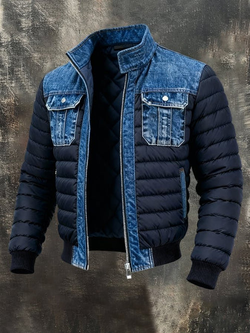 Men's Denim Panel Quilted Puffer Bomber Jacket