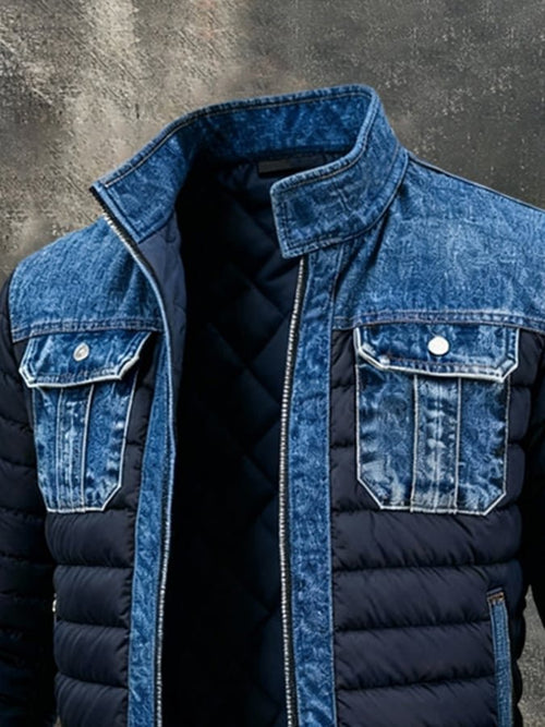Men's Denim Panel Quilted Puffer Bomber Jacket