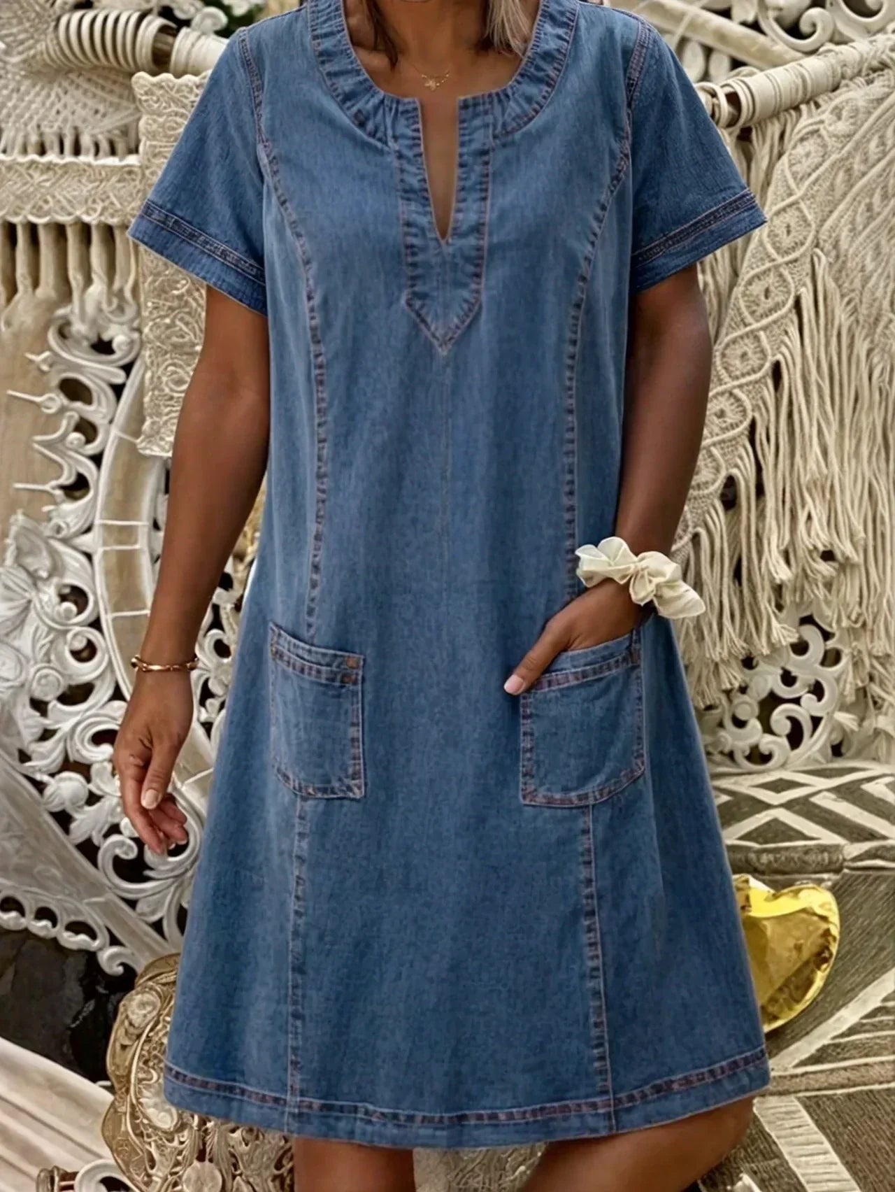 Women's Denim Pocketed Shift Midi Dress