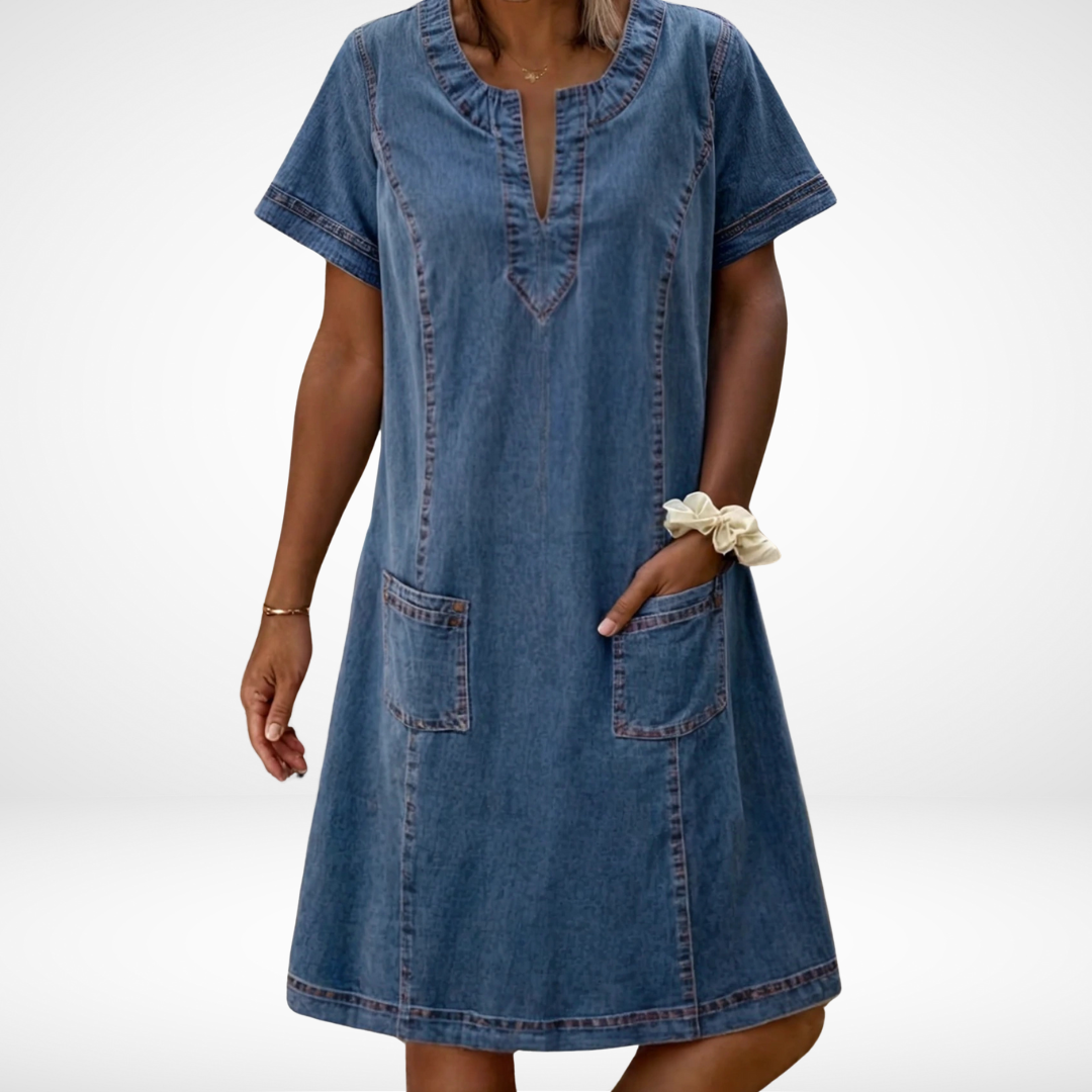 Women's Denim Pocketed Shift Midi Dress