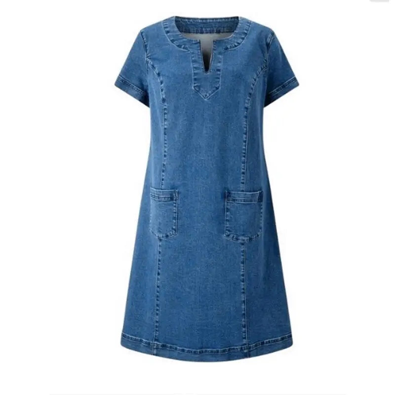 Women's Denim Pocketed Shift Midi Dress