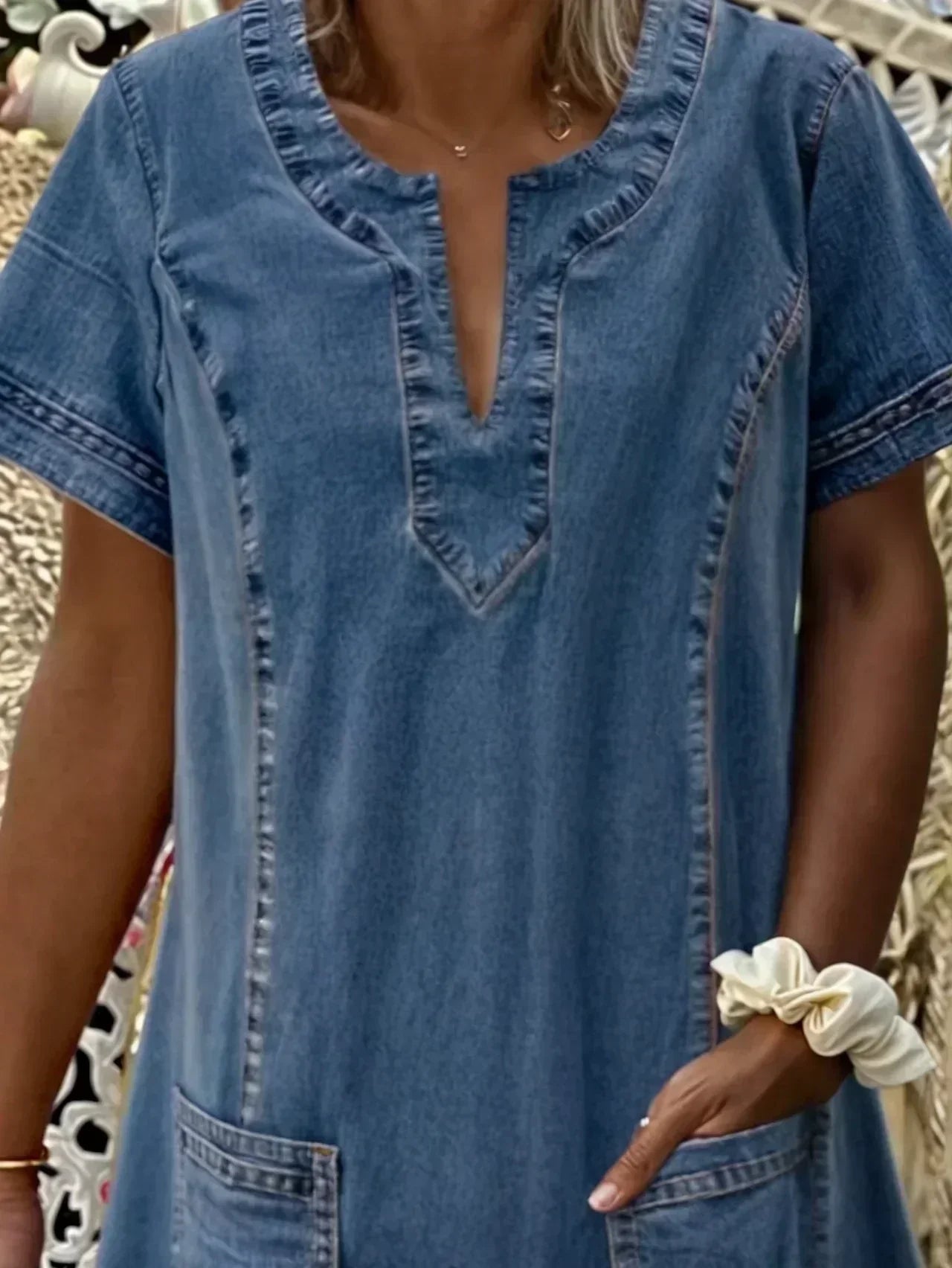 Women's Denim Pocketed Shift Midi Dress