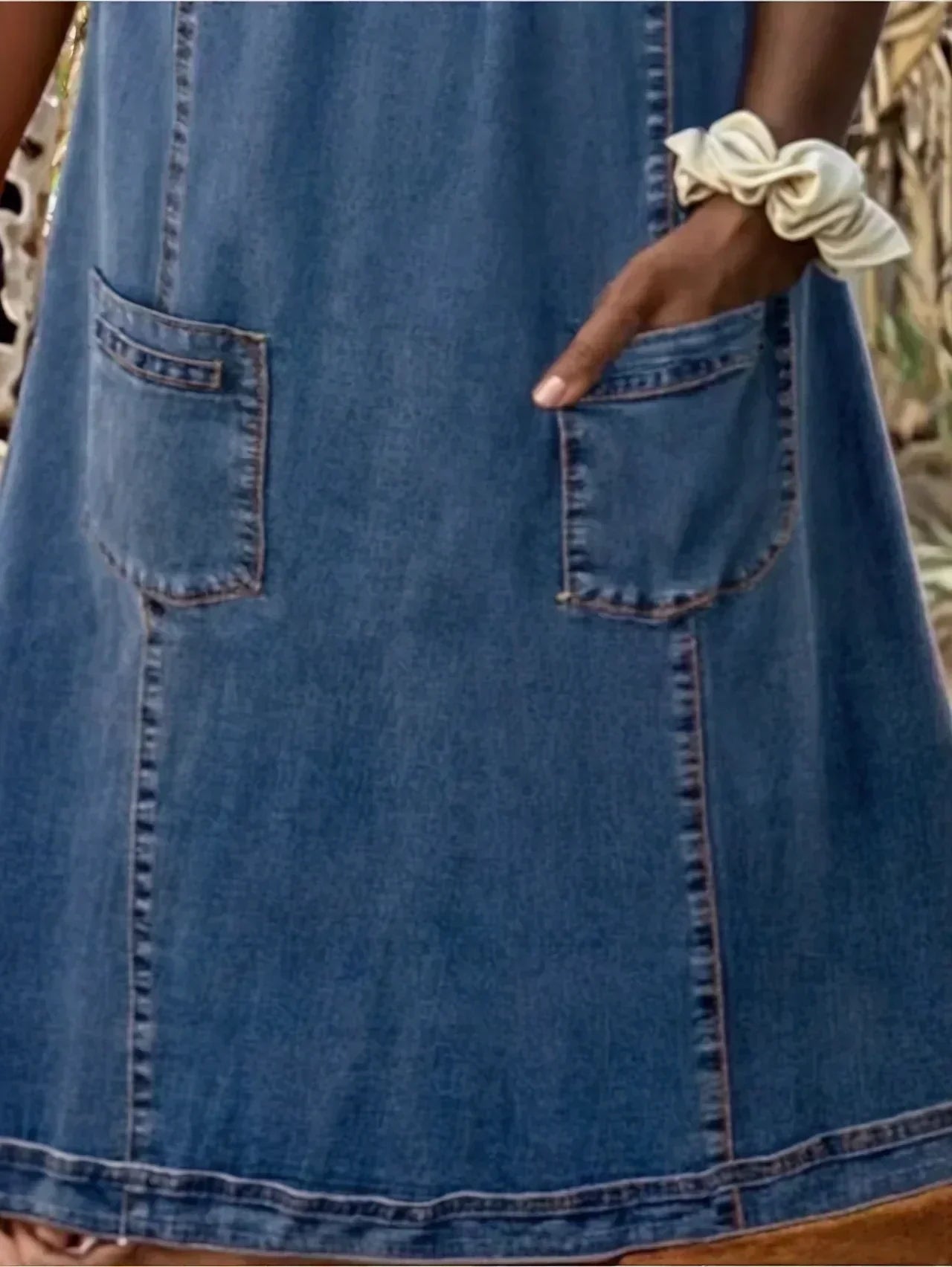 Women's Denim Pocketed Shift Midi Dress