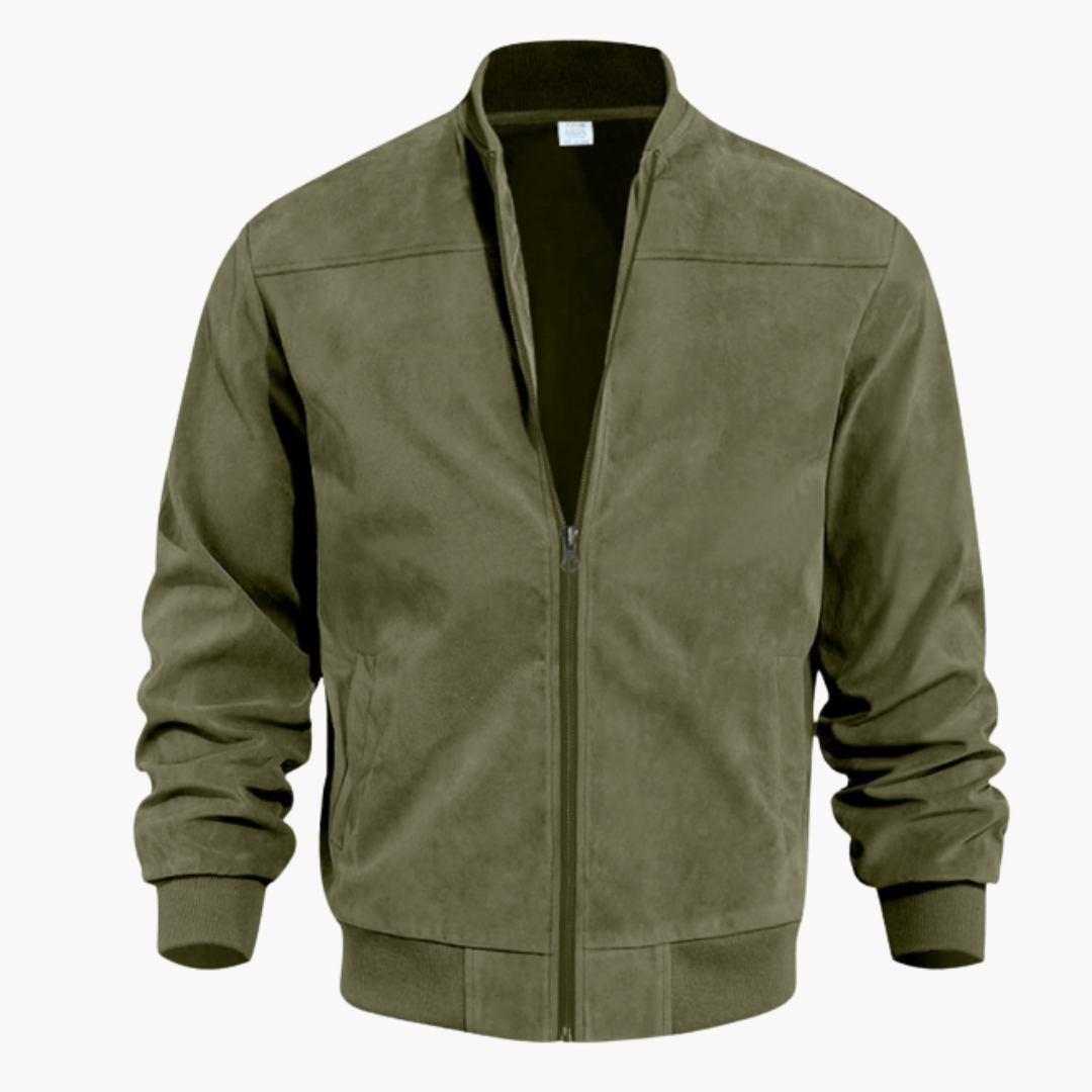 Men's Soft Suede Bomber Jacket - Olive Green