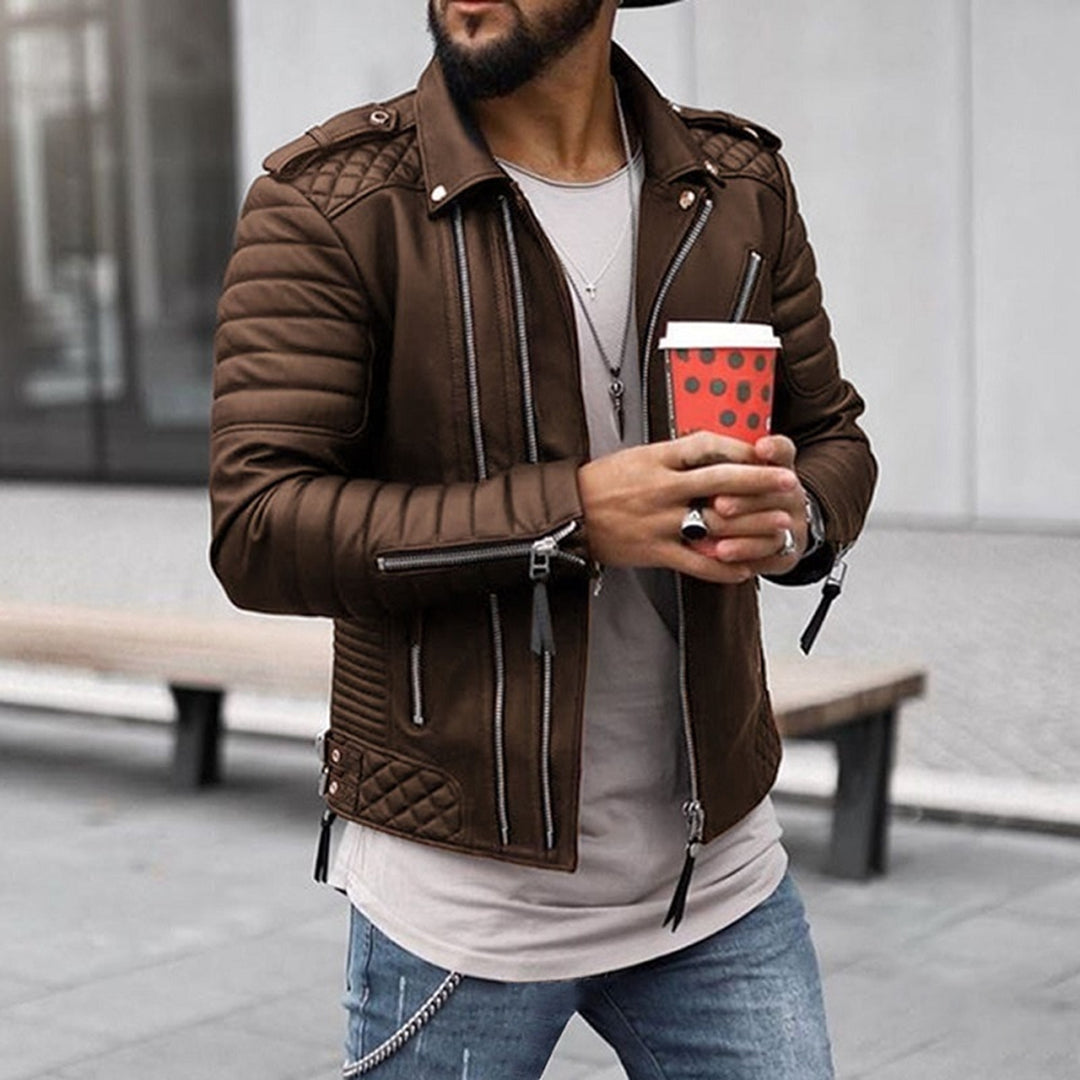 Men's Quilted Leather Biker Jacket - Brown