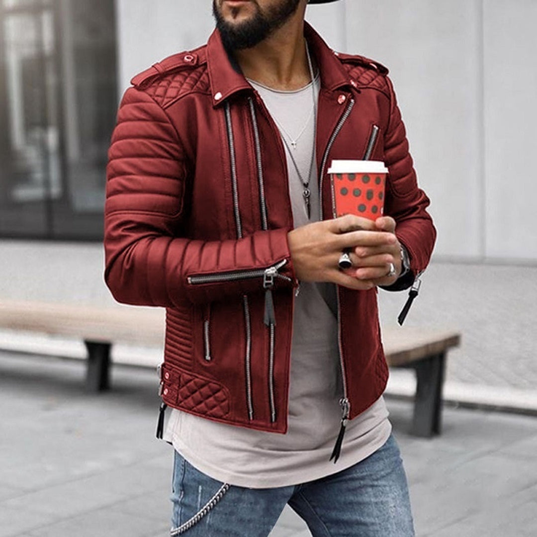 Men's Quilted Leather Biker Jacket - Red