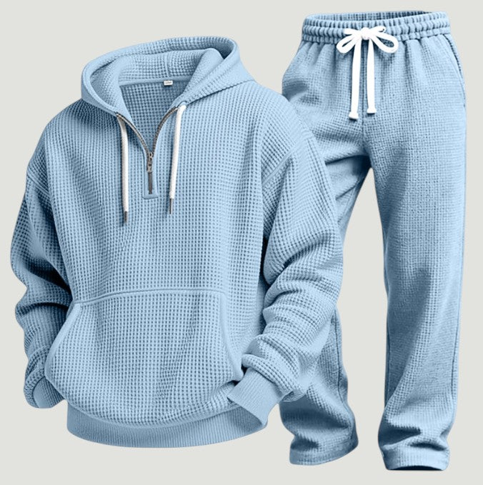 Men's Waffle-Knit Half-Zip Hoodie and Jogger Set - Sky Blue