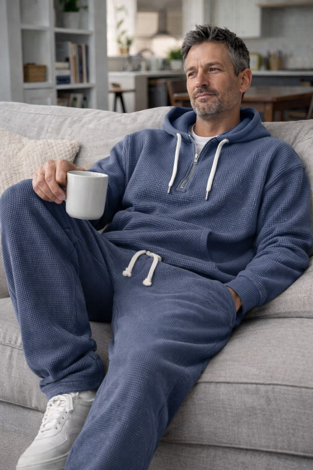 Men's Waffle-Knit Half-Zip Hoodie and Jogger Set