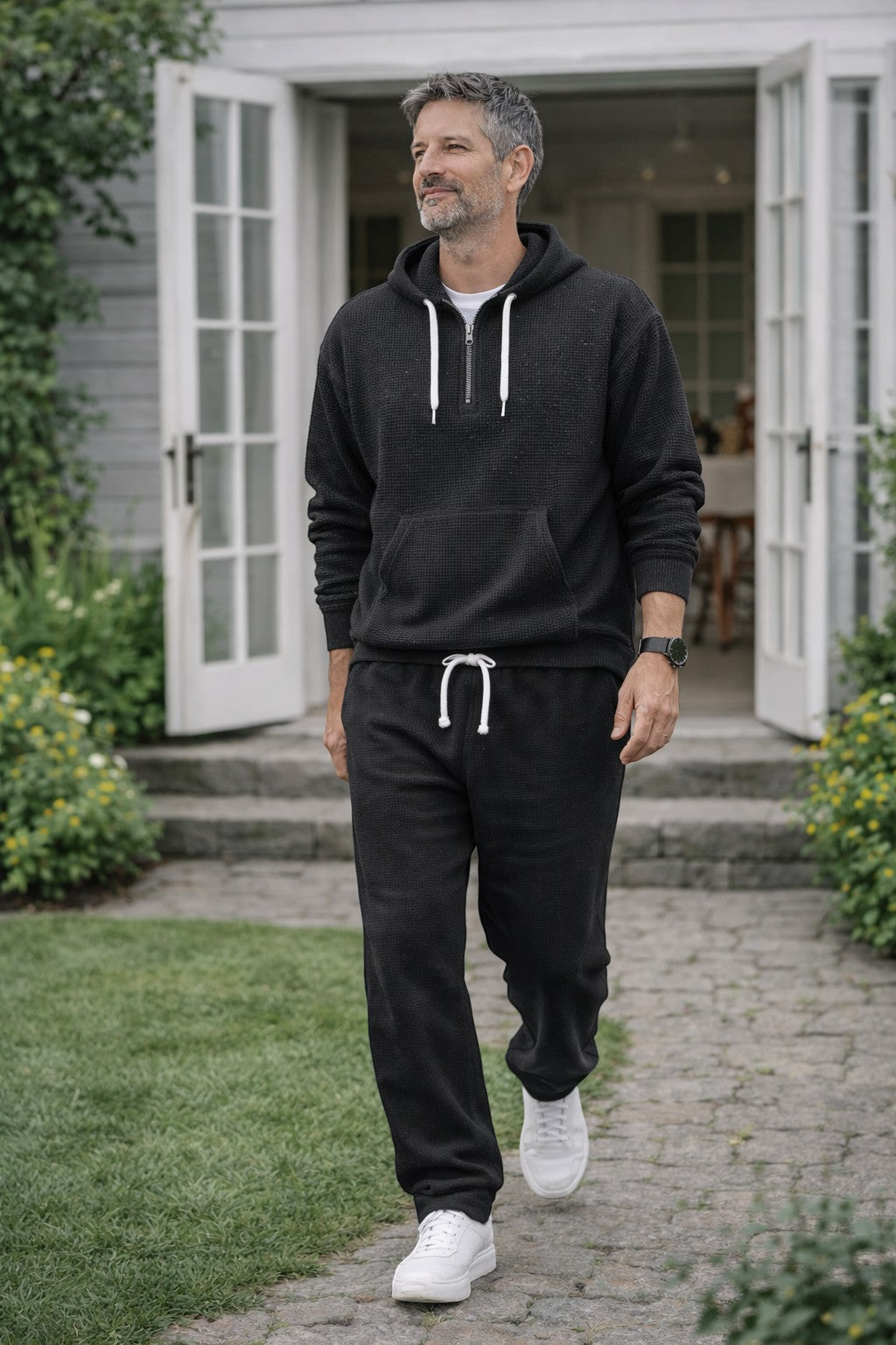 Men's Waffle-Knit Half-Zip Hoodie and Jogger Set - Black