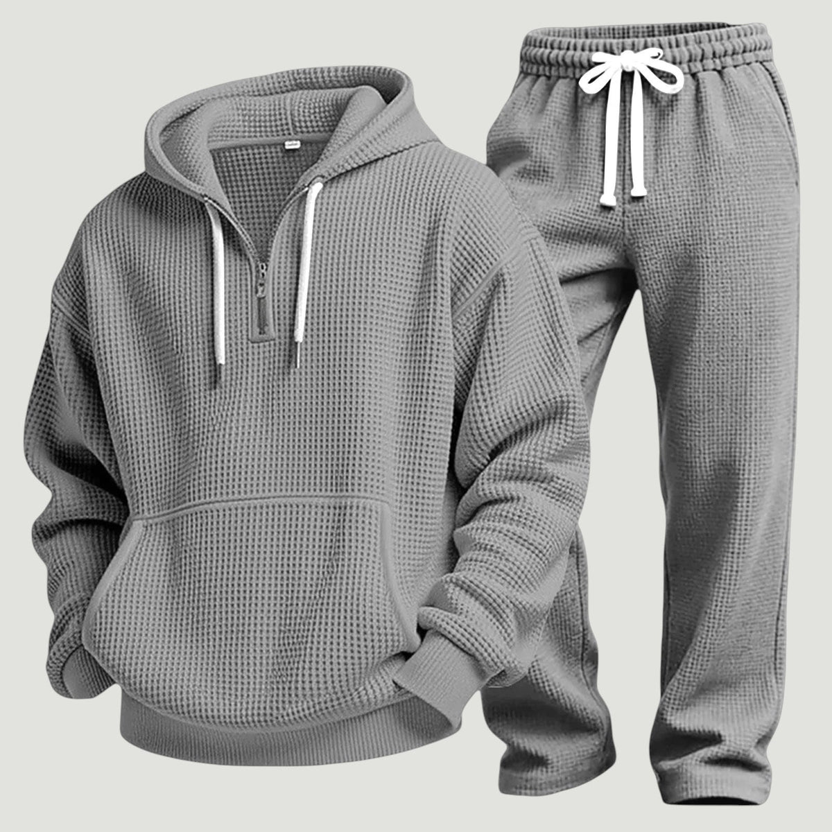 Men's Waffle-Knit Half-Zip Hoodie and Jogger Set - Gray