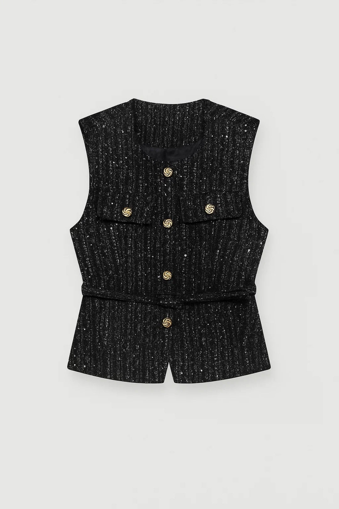 Women's Belted Textured Waistcoat - Black