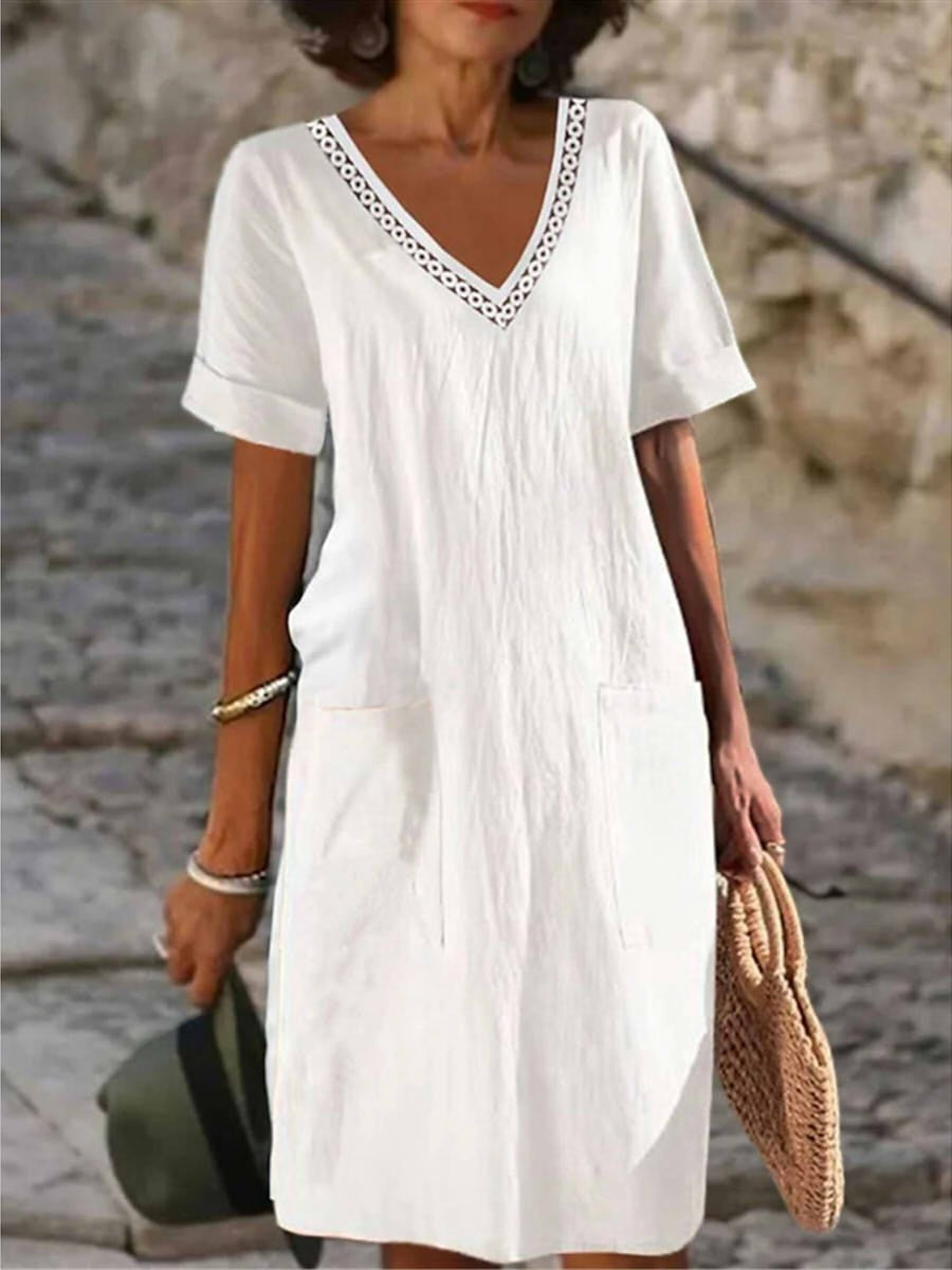 Women's V-Neck Pocketed Sundress Midi Dress