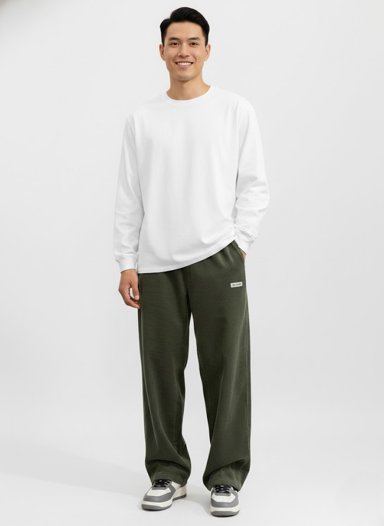 Men's Corduroy Drawstring Pants with Loose Straight Leg - Green