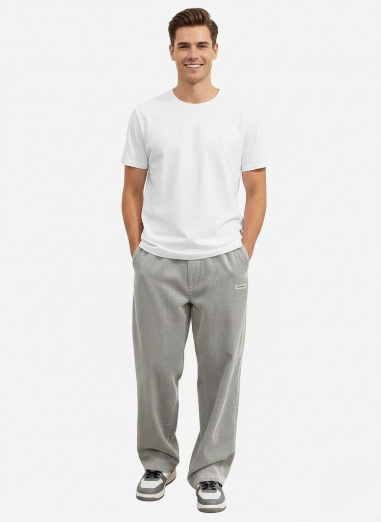 Men's Corduroy Drawstring Pants with Loose Straight Leg - Gray