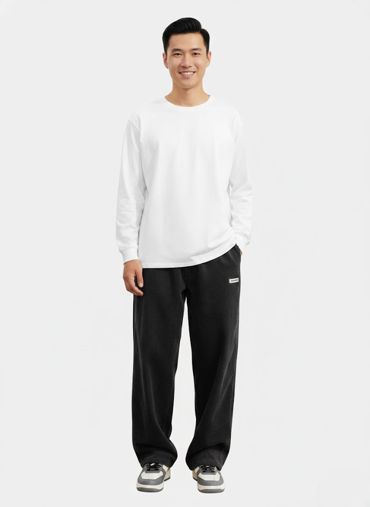 Men's Corduroy Drawstring Pants with Loose Straight Leg - Black