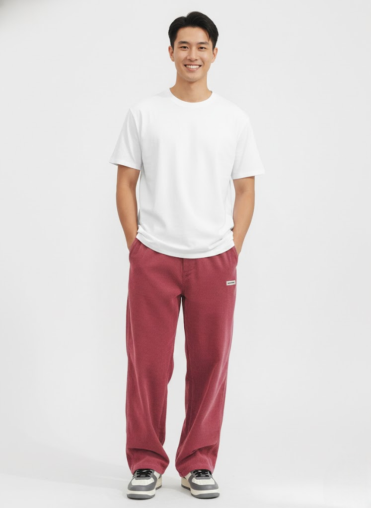 Men's Corduroy Drawstring Pants with Loose Straight Leg - Red